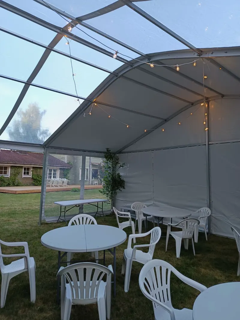 Inside the party tent with tables